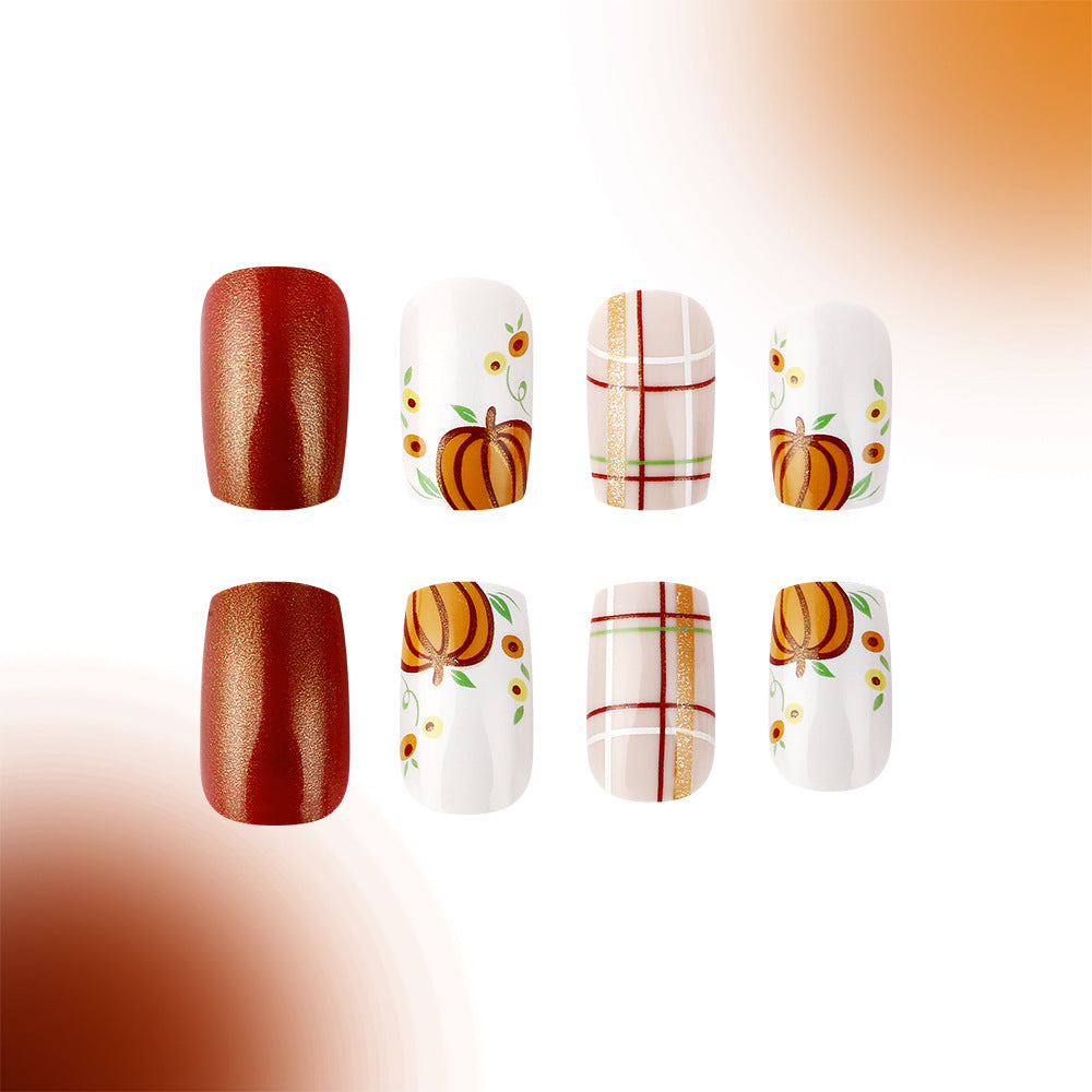 Autumn Harvest Long Square Red and White Press On Nail Set with Cute Pumpkin Designs