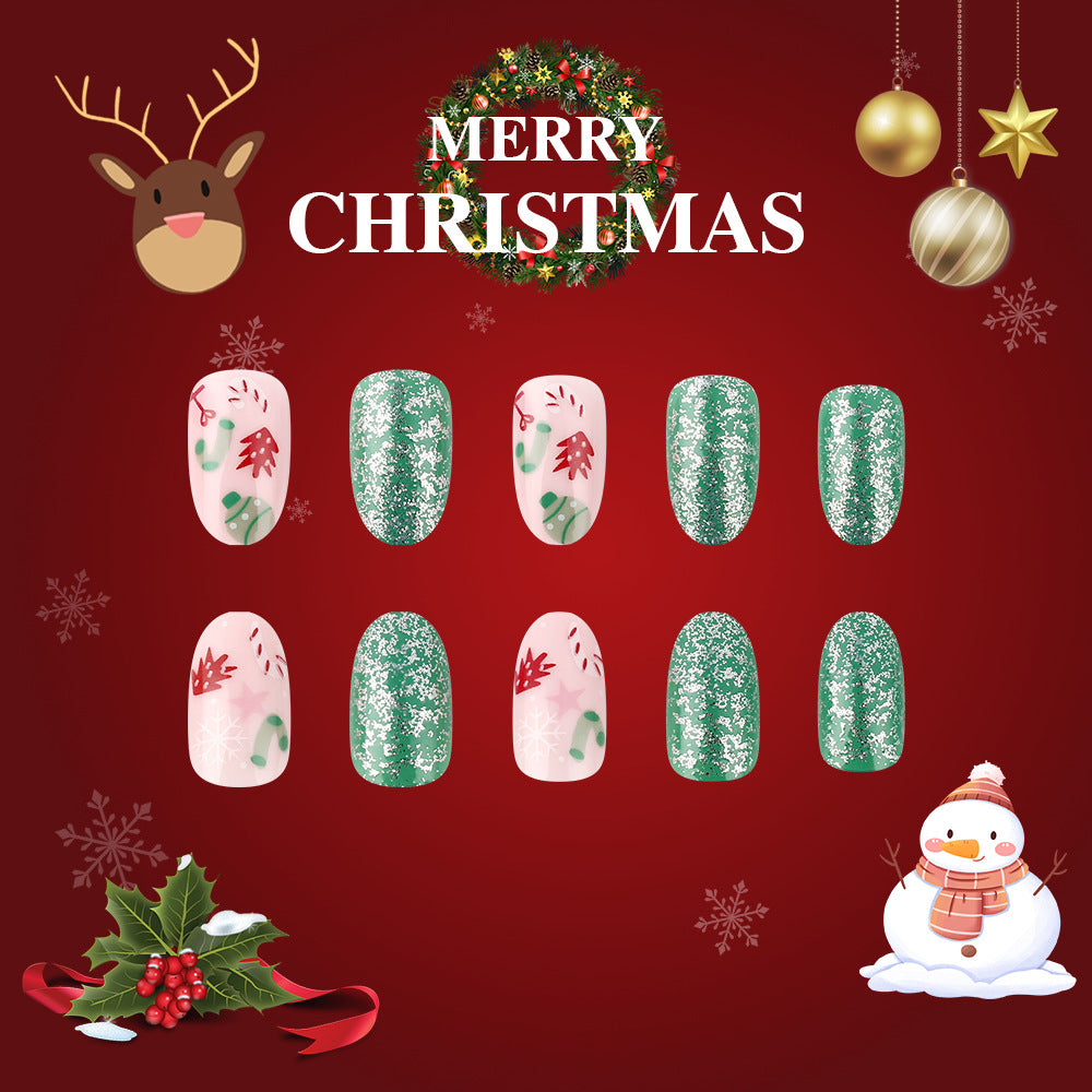 Festive Holiday Delight 12 Medium Oval Green and White Press On Nail Set with Glittery Christmas Accents