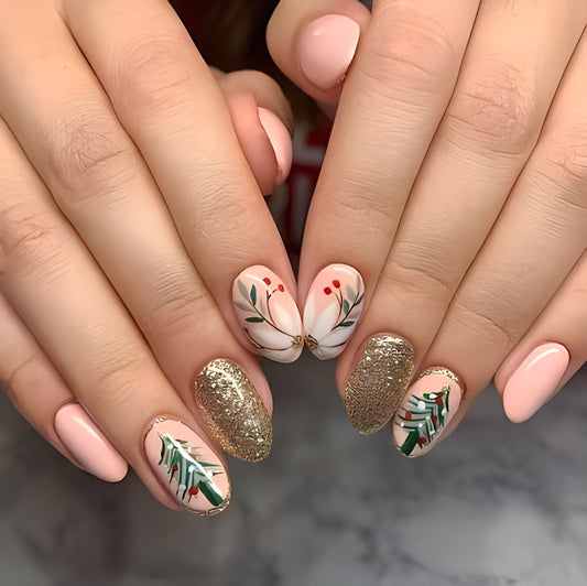 Winter Wonderland Oval Press On Nail Set Medium Pink Green and Gold with Floral and Glitter Accents