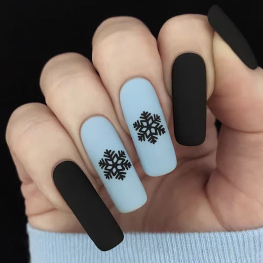 Winter Wonderland Extra Long Square Press On Nail Set in Frosty Blue and Matte Black with Snowflake Design