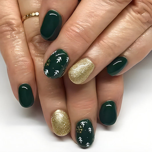 Enchanted Forest Oval Shape Medium Green and Gold Press On Nail Set with Festive Leaf Design