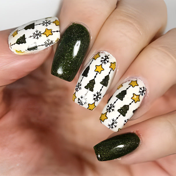 Festive Holiday Charm Long Coffin Glossy Dark Green and White Nail Set with Christmas Tree and Star Designs