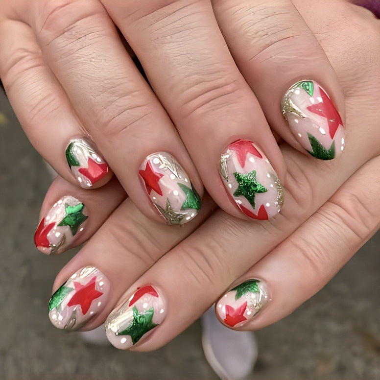 Festive Holiday Cheer Medium Oval Red Green Gold Star Press On Nail Set