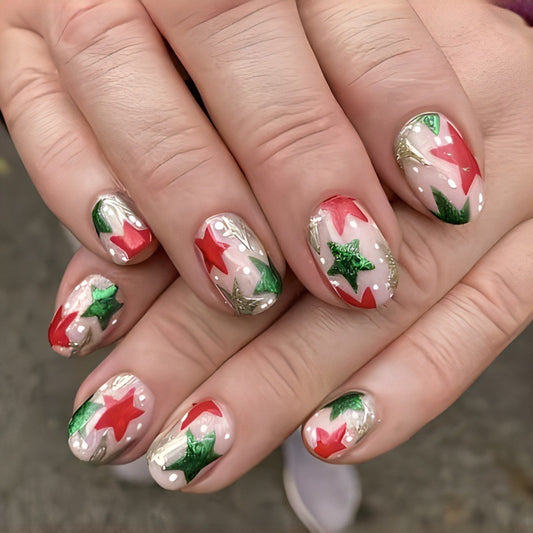 Festive Holiday Cheer Medium Oval Red Green Gold Star Press On Nail Set