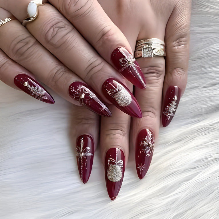 Festive Party Long Stiletto Burgundy Press On Nail Set with Elegant Silver Holiday Designs