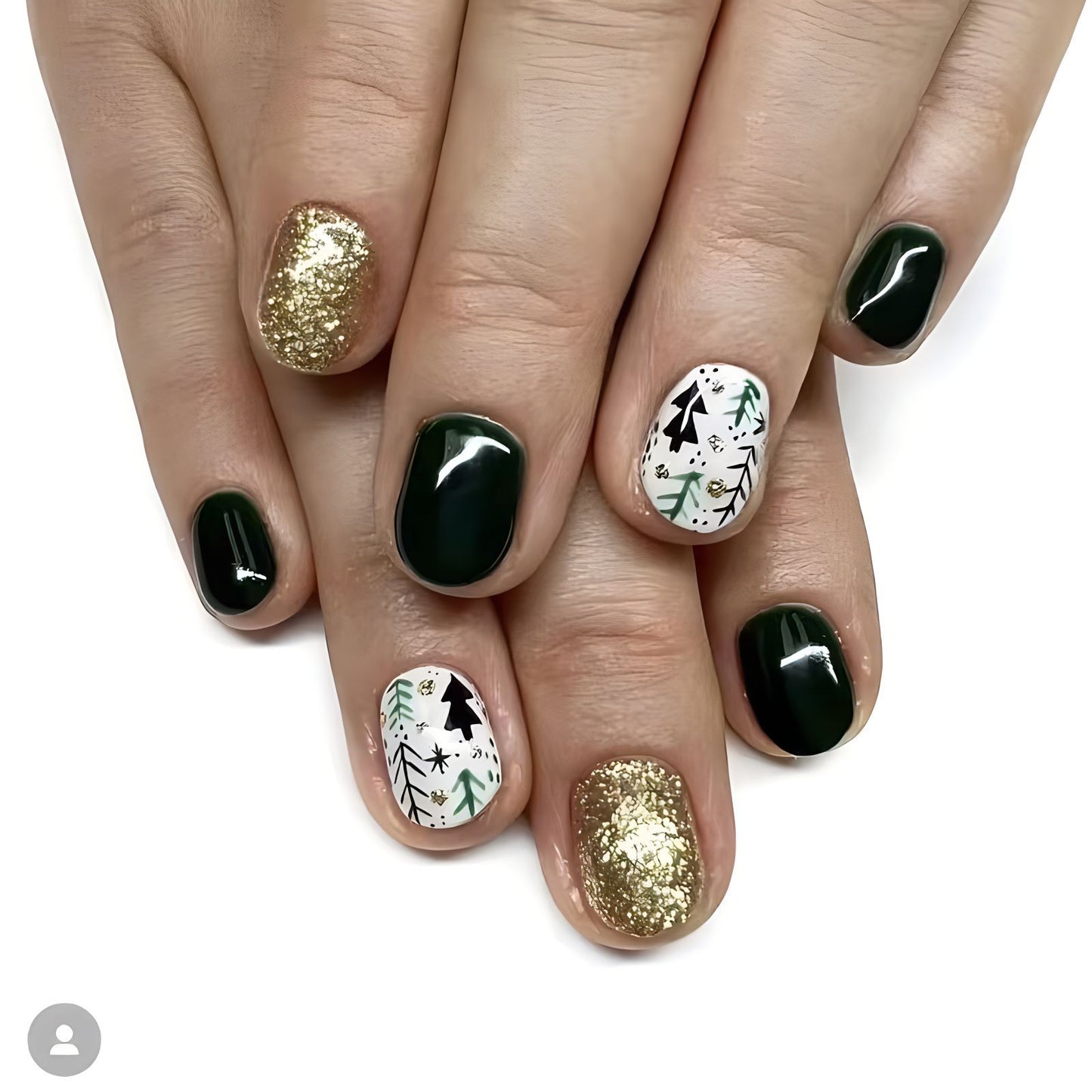 Festive Forest Short Round Green Gold Glitter Press On Nail Set with Holiday Tree Designs