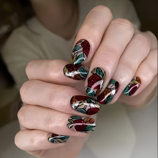 Romantic Garden Medium Oval Shaped Burgundy and Green Floral Press On Nail Set with Glossy Finish