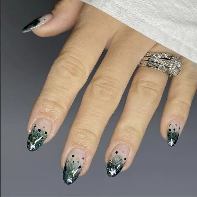 Celestial Dream Ombre Almond Press On Nail Set Long Green and Black with Starry Accents