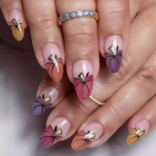 Enchanted Floral Press On Nail Set Long Almond Shape Colorful Ombre Design with Gold Accents and Intricate Leaf Patterns