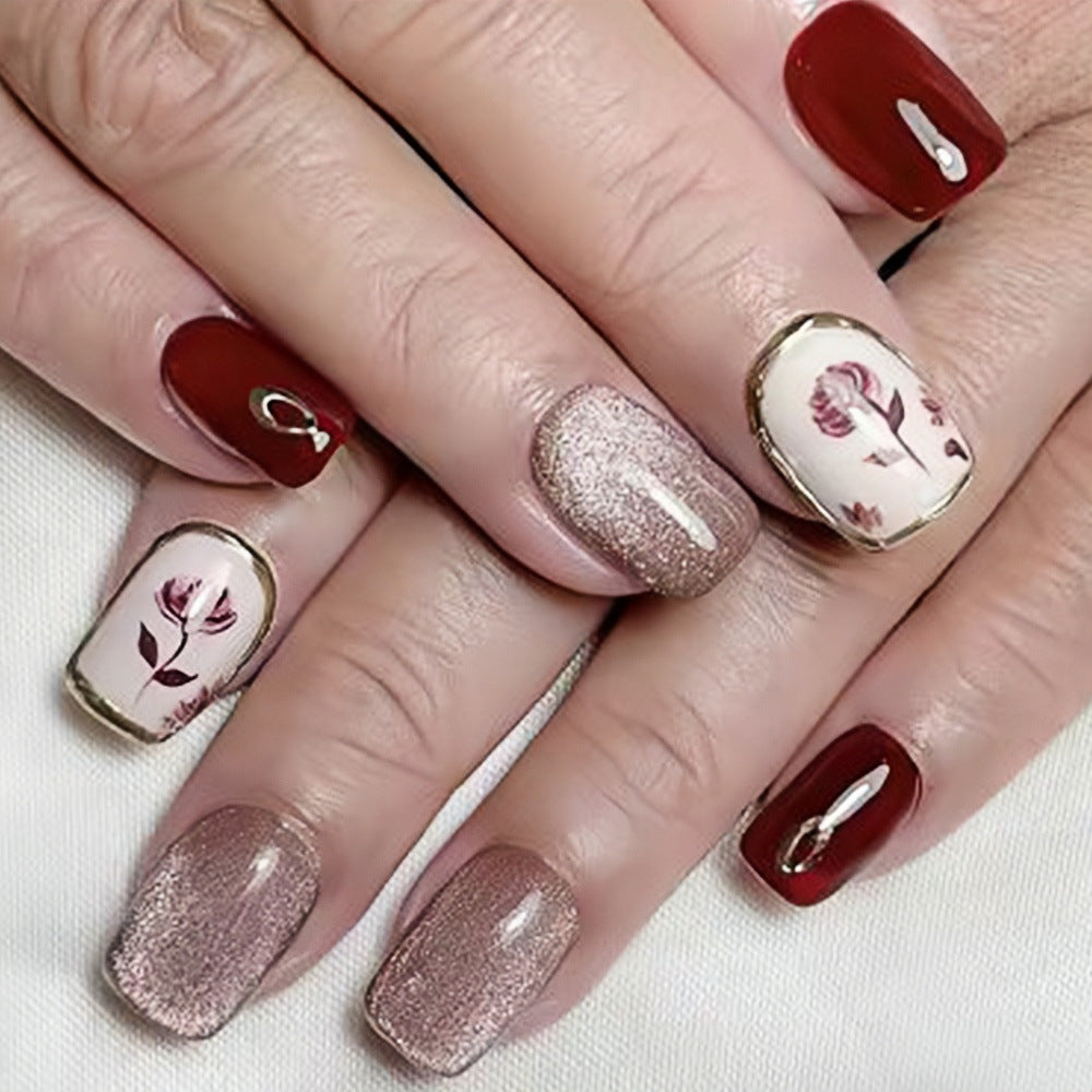 Elegant Floral Romance Medium Square Burgundy and Rose Gold Glitter Press On Nail Set with Stunning Floral Art Design