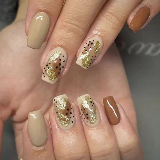 Autumn Charm Press On Nail Set Long Coffin Beige and Brown with Glitter Accent and Polka Dots