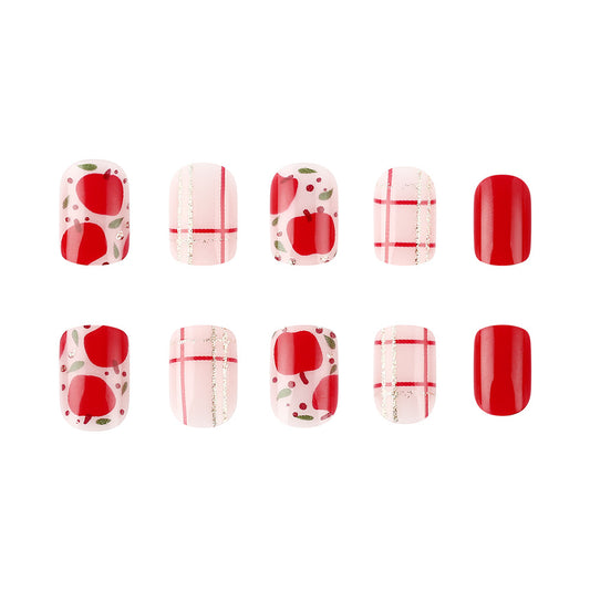 Autumn Orchard Short Square Red and Pink Press-On Nail Set with Apple and Plaid Design