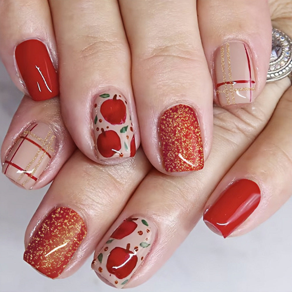 Autumn Apple Delight Medium Square Red and Beige Press On Nail Set with Unique Fruit Design