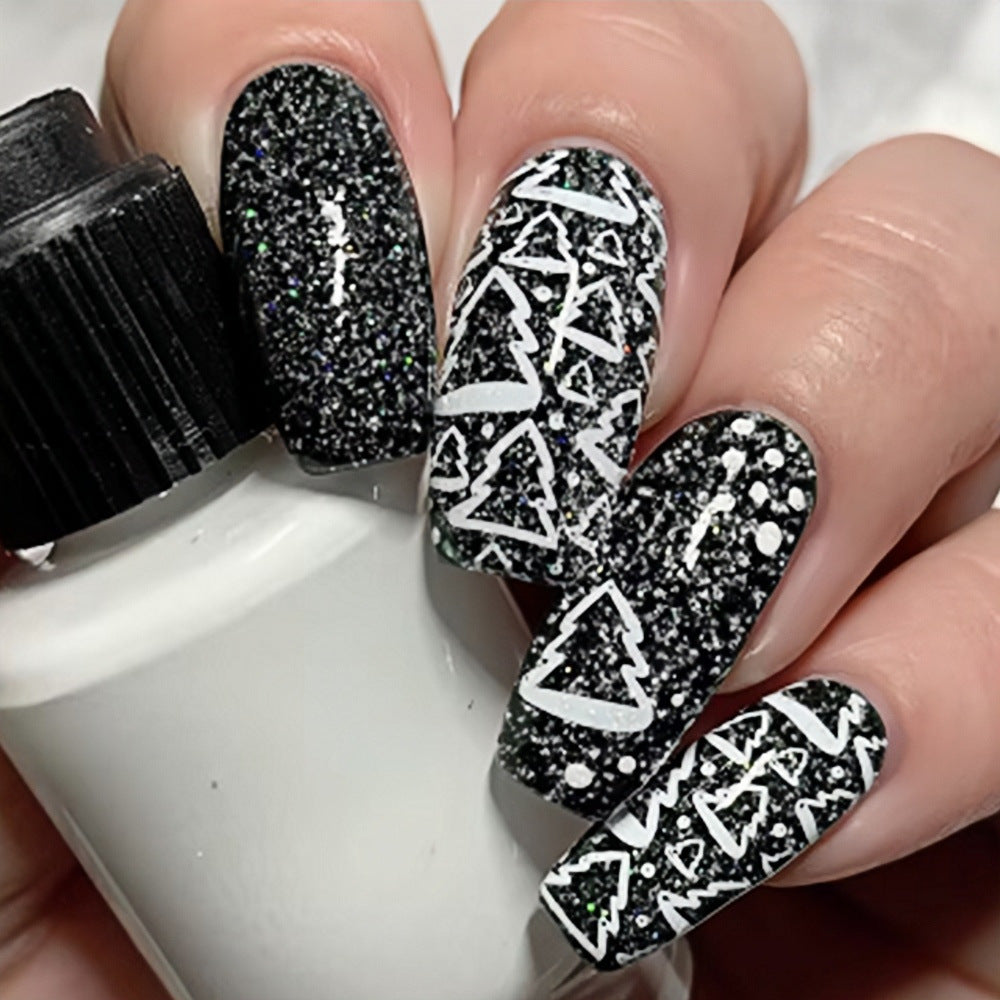 Festive Glamour Long Square Black Glitter Press On Nail Set with White Christmas Tree Designs