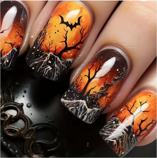 Spooky Halloween Inspired Long Square Orange and Black Press On Nail Set with Bat and Moon Design