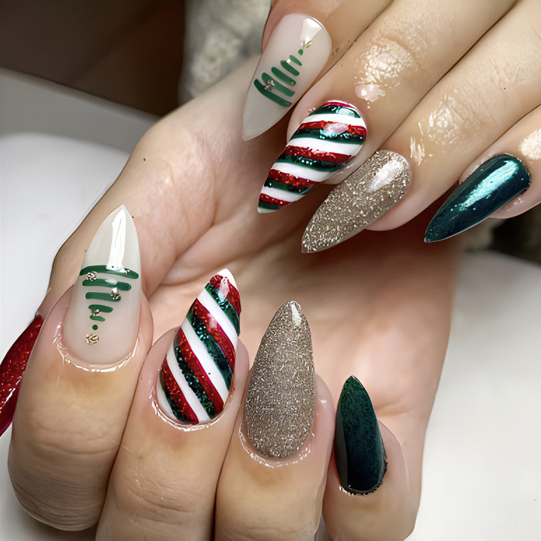 Festive Holiday Cheer Long Stiletto Press On Nail Set Red Green White Gold Glittery Design