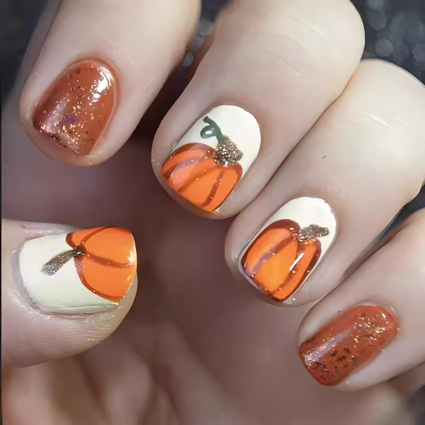 Autumn Harvest Short Square Orange Pumpkin Themed Press On Nail Set with Glitter Accents