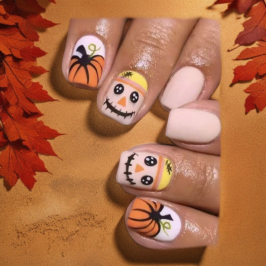 Halloween Pumpkin Themed Medium Square Orange and Cream Press On Nail Set Featuring Cute Scarecrow and Pumpkin Designs