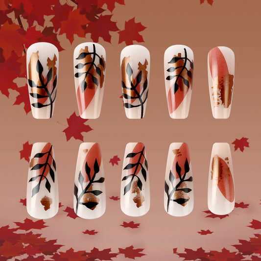 Autumn Elegance Long Coffin Beige with Leaf Design Press On Nail Set