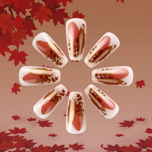 Autumn Bliss Elegant Long Coffin Shaped Press On Nail Set in Warm Terracotta with Stunning Metallic Leaf Accents