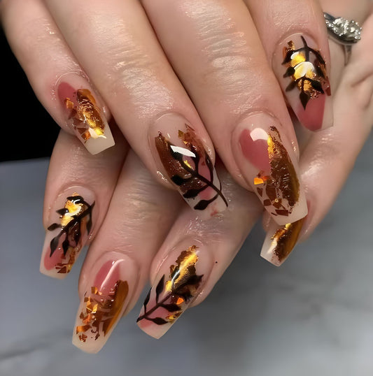 Autumn Elegance long coffin shaped Beige and brown press on nail set with gold leaf accents