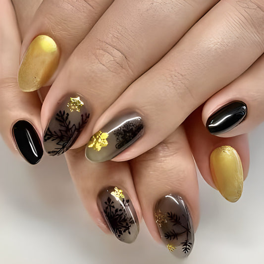 Autumn Elegance Long Oval Press On Nail Set in Black Grey and Gold with Floral Accents