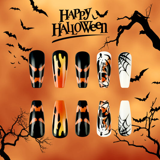 Spooktacular Halloween Long Coffin Press On Nail Set in Black Orange and White Featuring Creepy Spiderweb and Ghost Designs