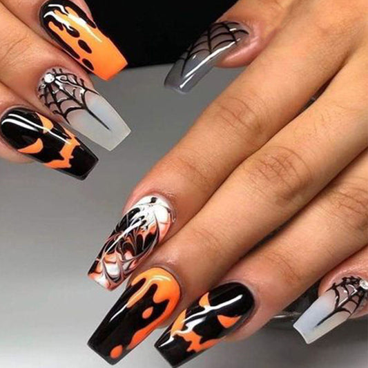 Halloween Haunted Coffin Press On Nail Set Long Black Orange Gray with Spiderweb Design