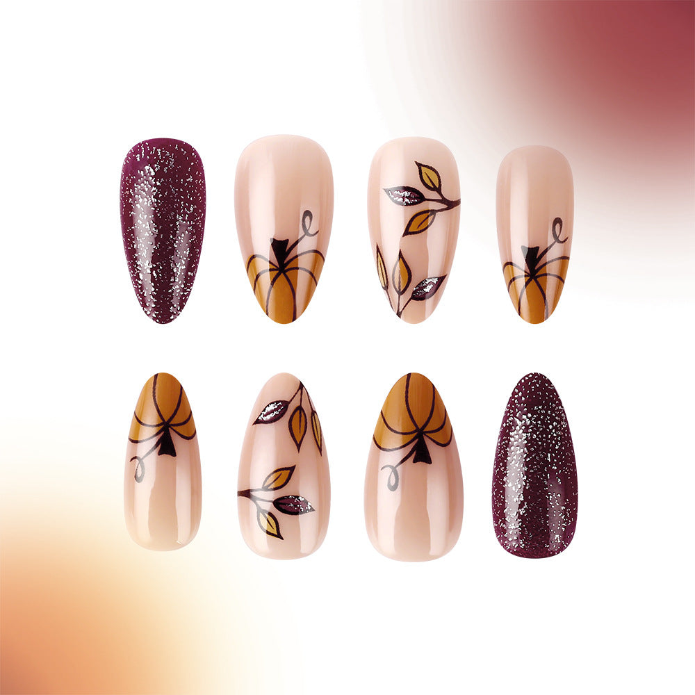 Autumn Elegance Long Almond Burgundy and Beige Press On Nail Set with Intricate Leaf Design and Glitter Accents