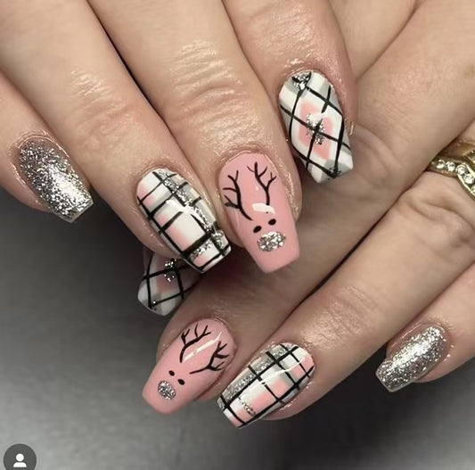 Winter Wonderland Long Coffin Pink and Silver Press On Nail Set with Sparkling Reindeer Design