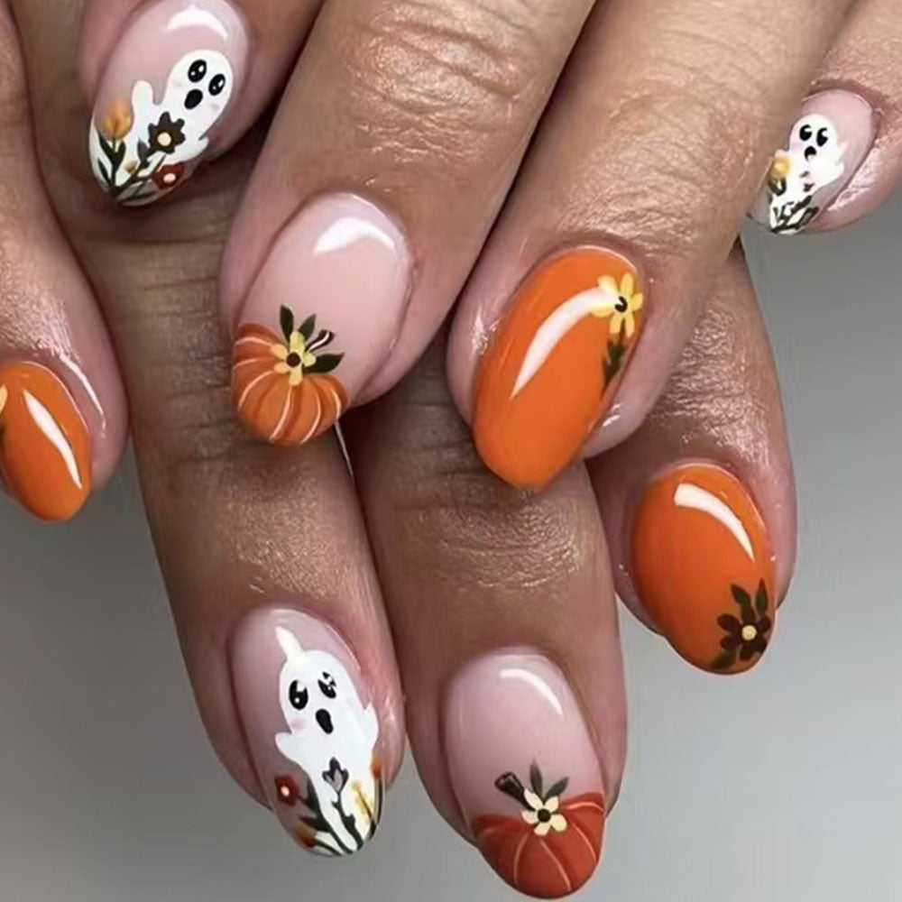 Autumn Harvest Orange Oval Press On Nail Set Long Length Ghost and Pumpkin Design