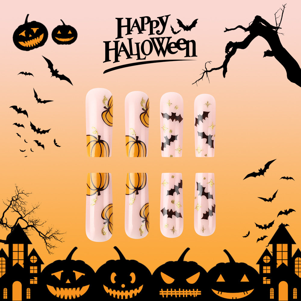 Halloween Magic Long Square Shape Orange and Black Press on Nail Set with Pumpkin and Bat Design