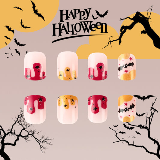 Happy Halloween Spooky Medium Square Press On Nail Set Red Gold Pink with Dripping Design and Star Accents