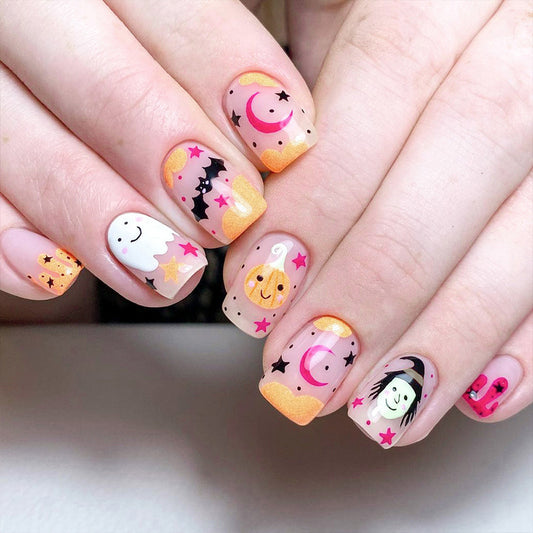 Spooky Halloween Themed Medium Square Orange and Pink Press On Nail Set with Fun Ghosts and Pumpkins Design