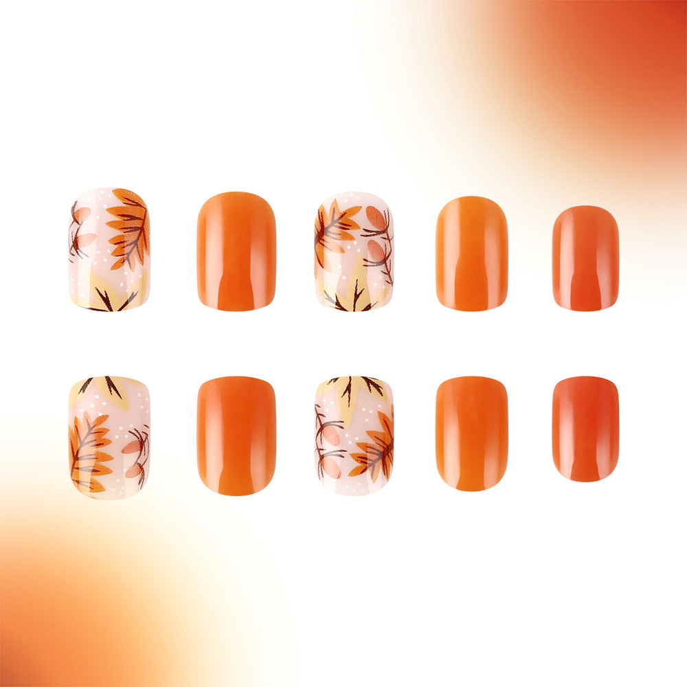 Autumn Bliss Medium Square Orange Press On Nail Set with Botanical Accents