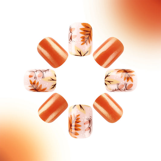 Autumn Blossom Press On Nail Set Medium Square Orange Decorated with Floral Design