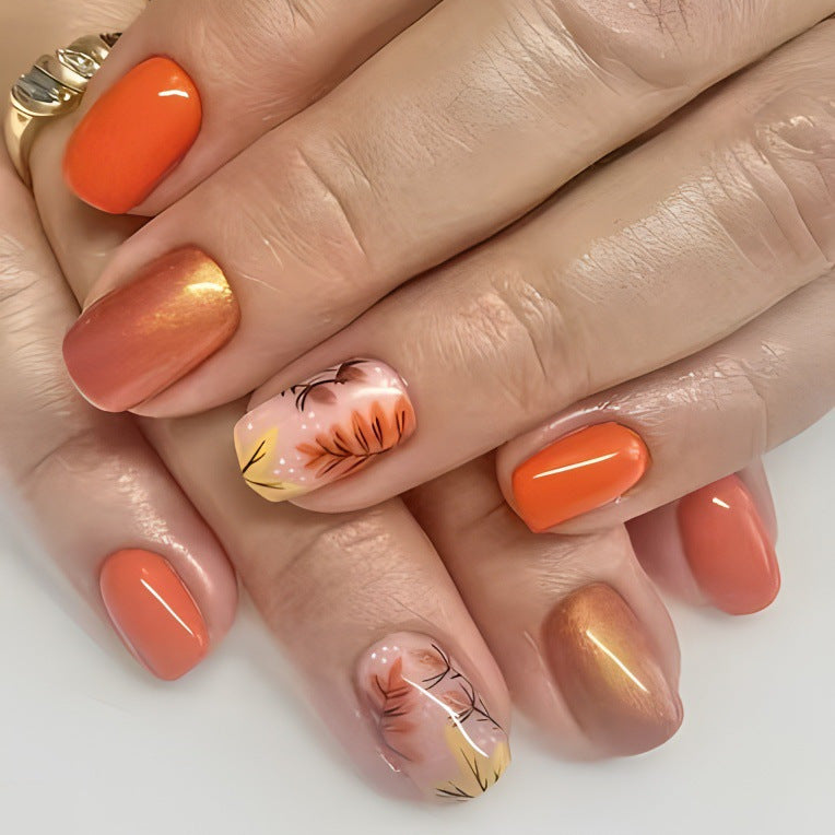 Autumn Bliss Medium Square Orange Press On Nail Set with Leaf Design and Shimmer Finish