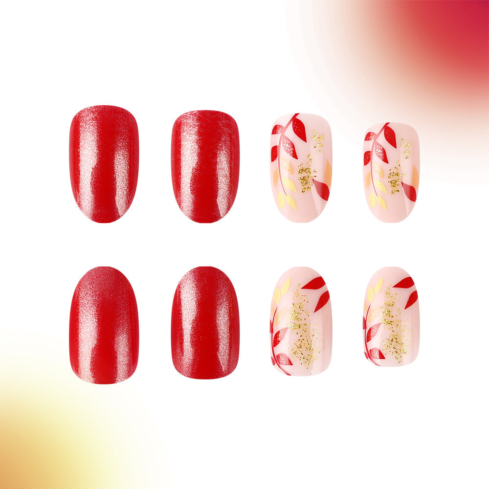 Festive Elegance Long Almond Red and Pink Floral Glitter Press On Nail Set