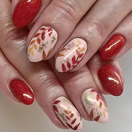 Autumn Bliss Long Almond Red and Pink Press On Nail Set with Glitter and Leaf Designs