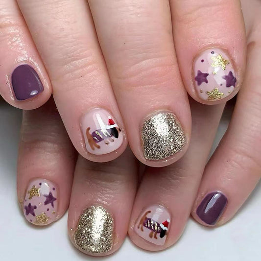 Festive Wonderland Press On Nail Set Short Round Burgundy Gold Glitter with Ornament and Star Designs