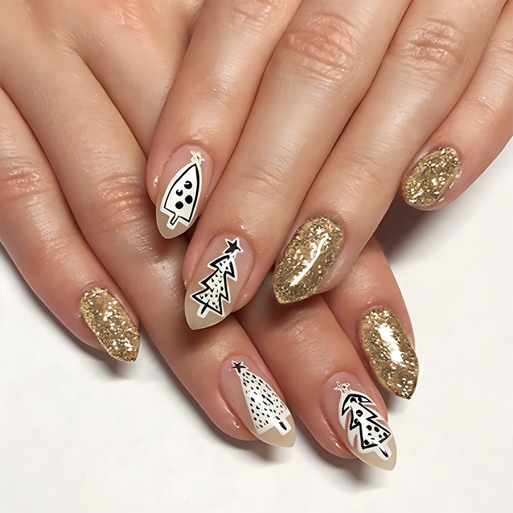 Festive Winter Wonderland Sharp Almond Gold and White Press On Long Nail Set with Unique Christmas Tree Designs