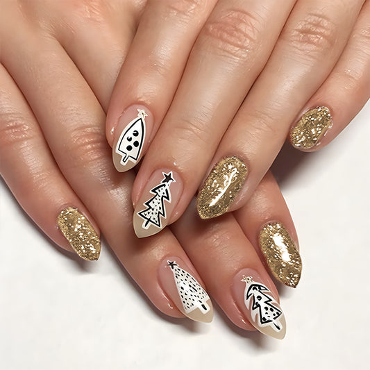 Festive Winter Wonderland Sharp Almond Gold and White Press On Long Nail Set with Unique Christmas Tree Designs