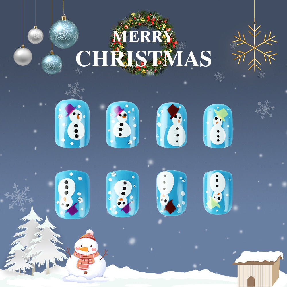 Winter Wonderland Festive Press On Nail Set Short Round Light Blue Snowman Design