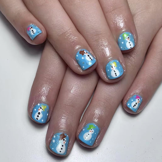 Winter Wonderland Short Round Baby Blue Press On Nail Set with Snowman Design and Glitter Accents