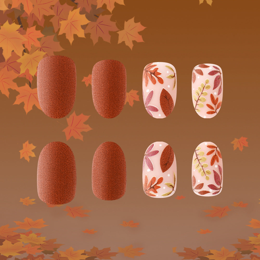 Autumn Bliss Matte Oval Rosewood and Cream Press On Long Nail Set with Unique Leaf Design