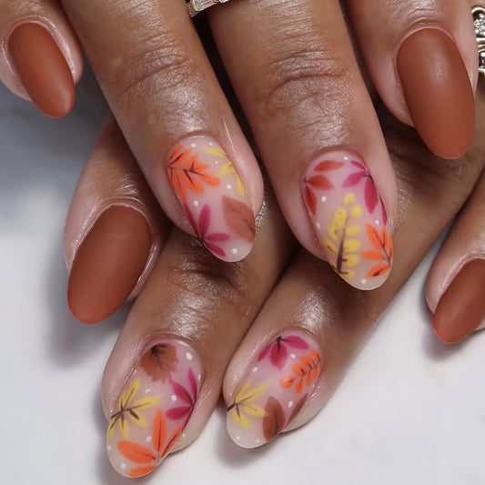 Autumn Vibes Long Oval Matte Terracotta and Floral Design Press On Nail Set