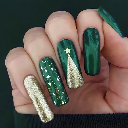 Festive Elegance Long Square Green and Gold Press On Nail Set with Glittery Christmas Tree Design