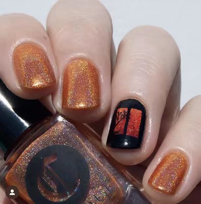 Autumn Glow Short Round Press On Nail Set Shimmering Orange with Unique Black Accent Nail Design