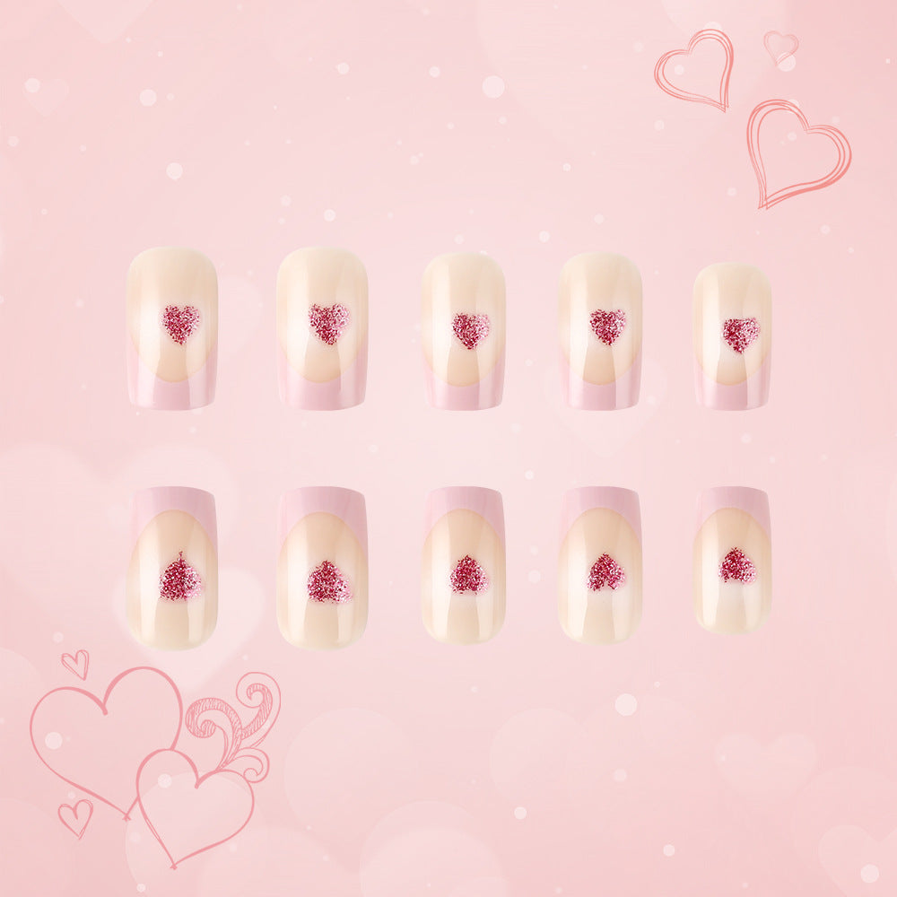 Love Heart Pink Ombre Square Press On Long Nail Set with Glitter Heart Design