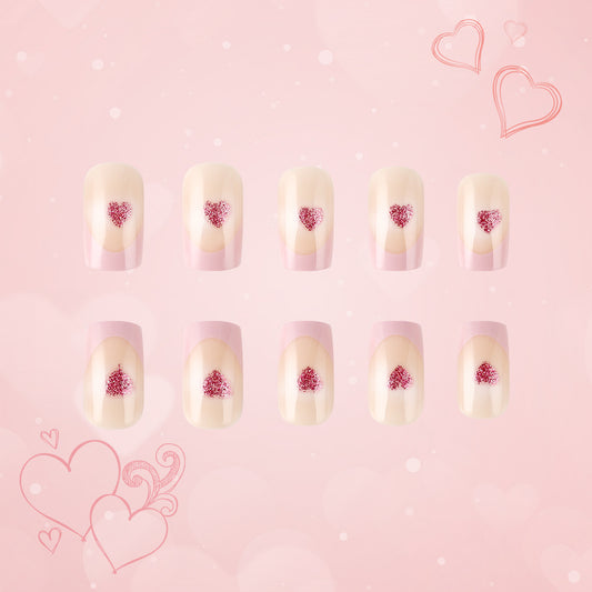 Love Heart Pink Ombre Square Press On Long Nail Set with Glitter Heart Design